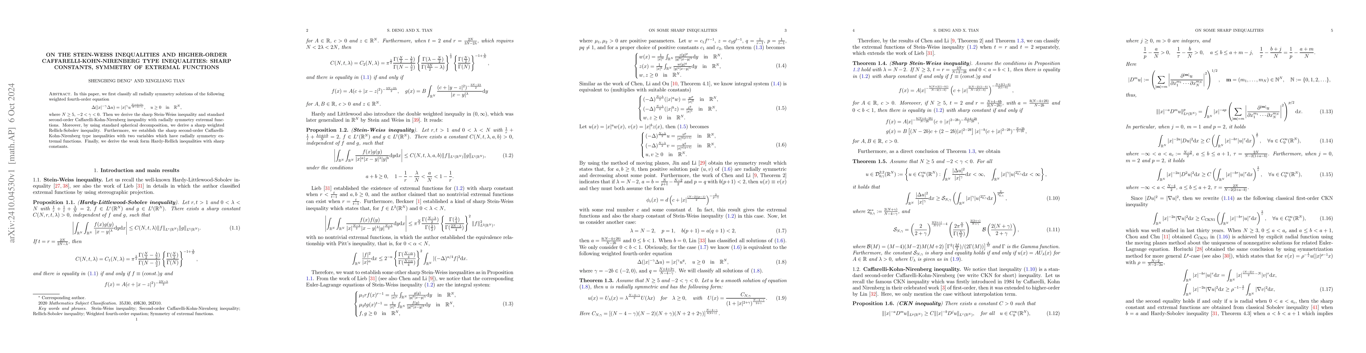 Thumbnail for On the Stein-Weiss inequalities and higher-order
  Caffarelli-Kohn-Nirenberg type inequalities: sharp constants, symmetry of
  extremal functions
