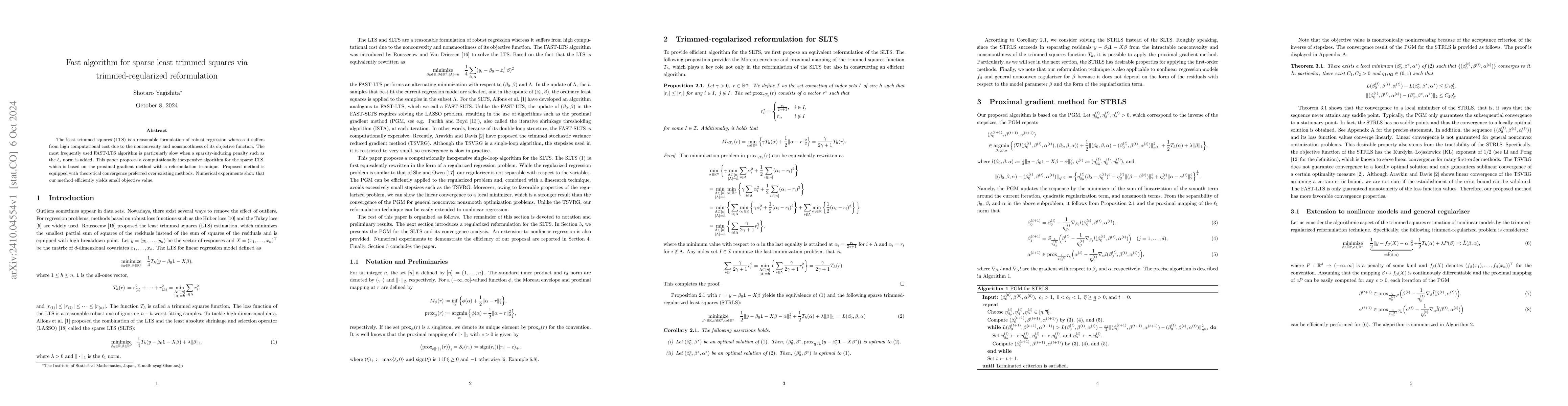 Thumbnail for Fast algorithm for sparse least trimmed squares via trimmed-regularized
  reformulation