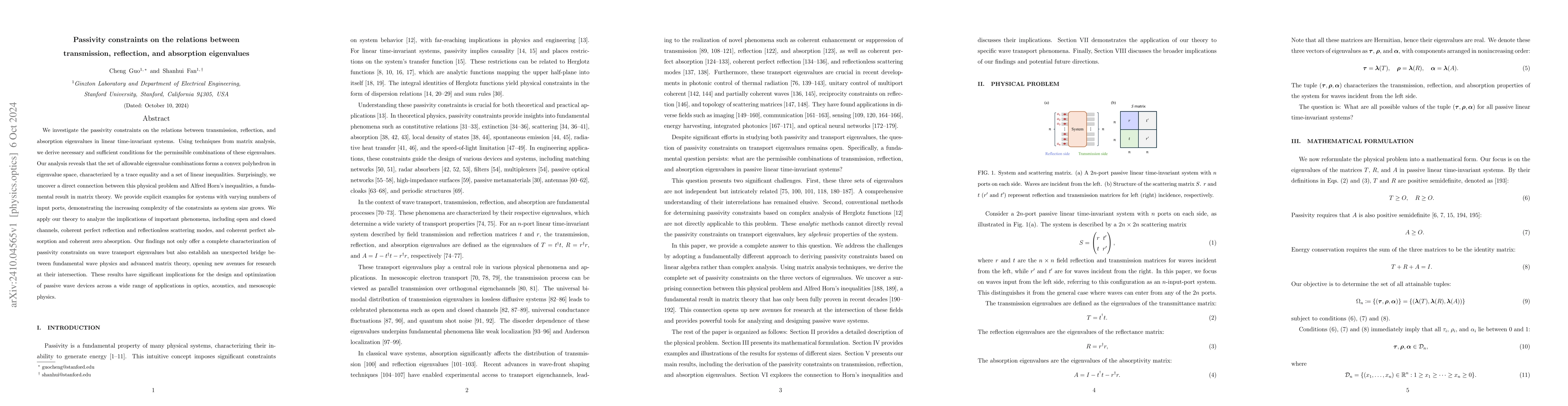 Thumbnail for Passivity constraints on the relations between transmission, reflection,
  and absorption eigenvalues