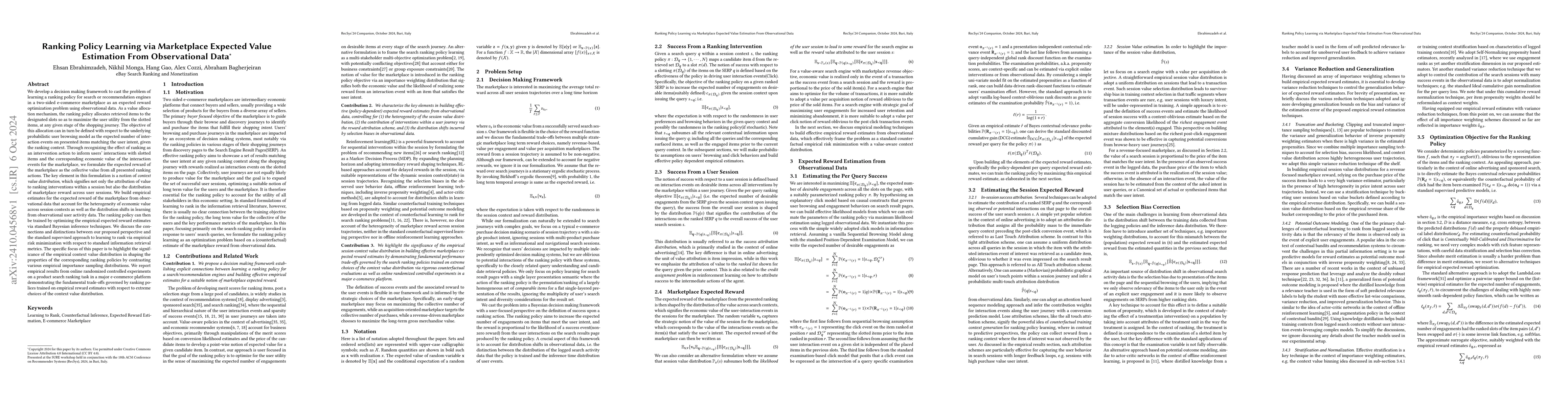 Thumbnail for Ranking Policy Learning via Marketplace Expected Value Estimation From
  Observational Data