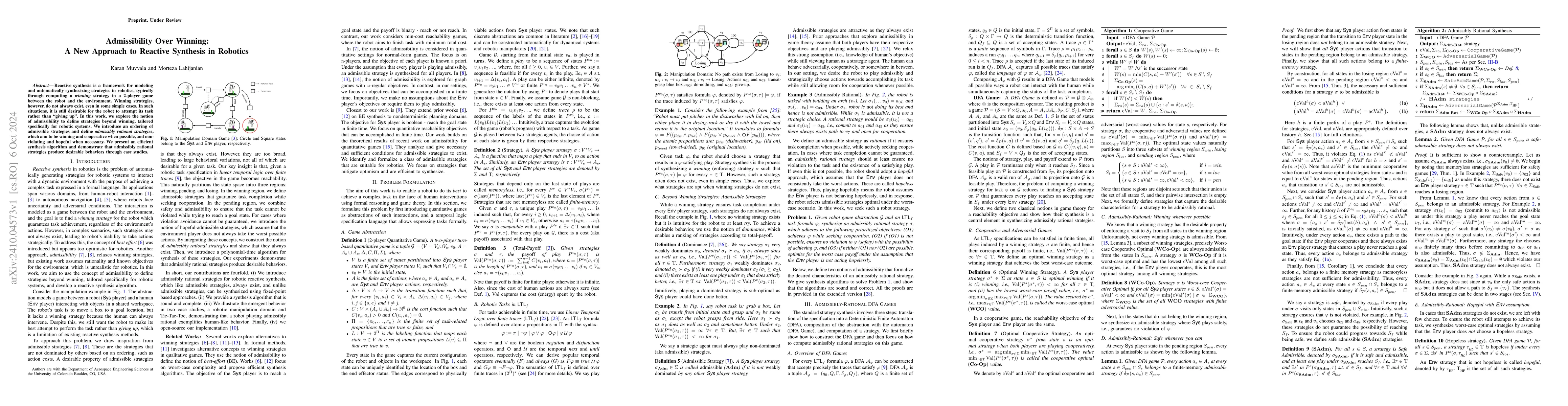 Thumbnail for Admissibility Over Winning: A New Approach to Reactive Synthesis in
  Robotics