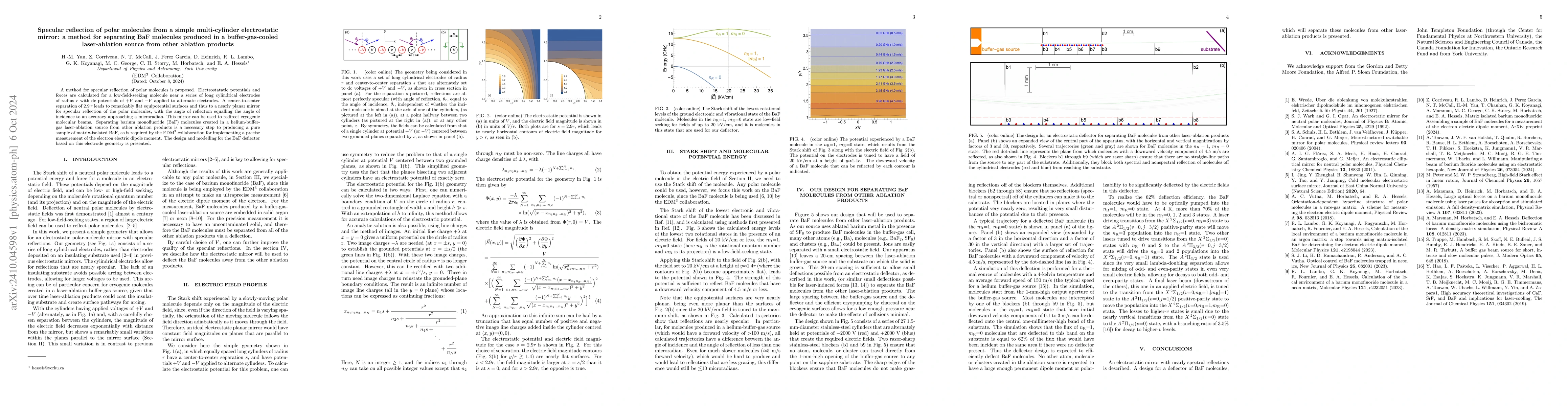 Thumbnail for Specular reflection of polar molecules from a simple multi-cylinder
  electrostatic mirror: a method for separating BaF molecules produced in a
  buffer-gas-cooled laser-ablation source from other ablation products