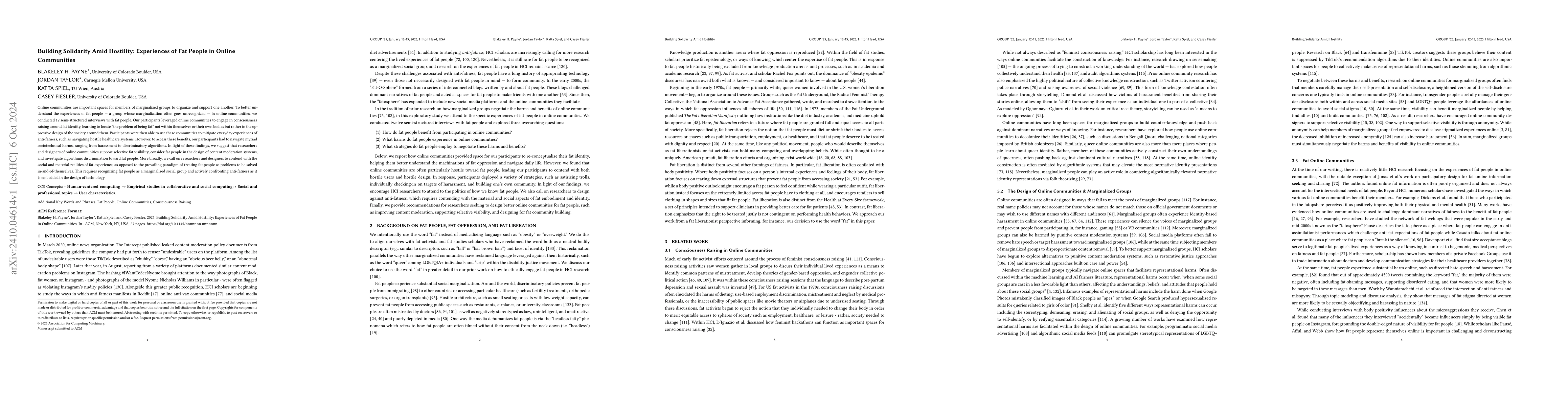Thumbnail for Building Solidarity Amid Hostility: Experiences of Fat People in Online
  Communities