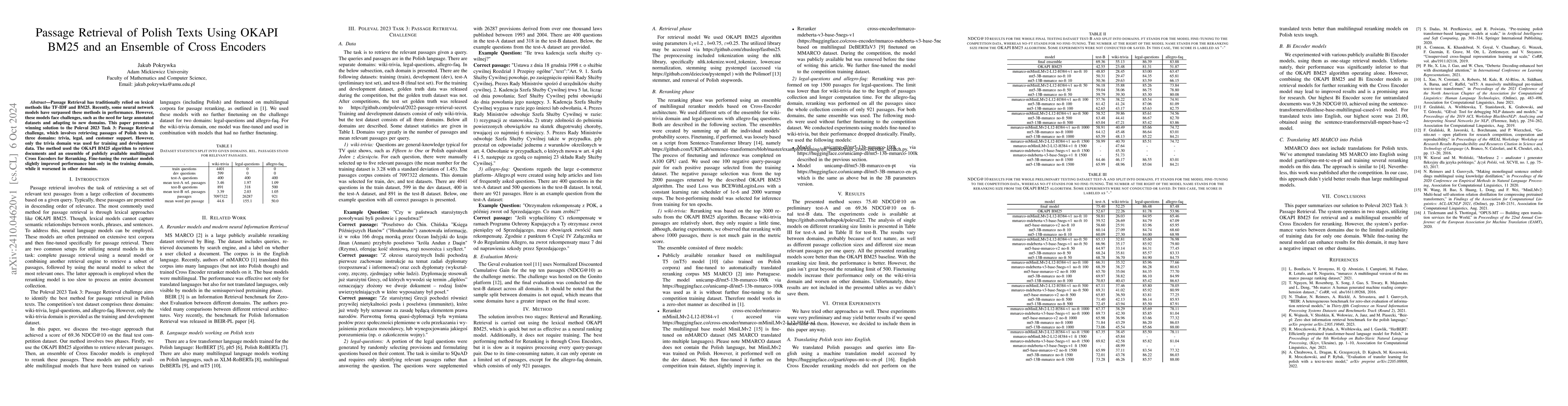 Thumbnail for Passage Retrieval of Polish Texts Using OKAPI BM25 and an Ensemble of
  Cross Encoders