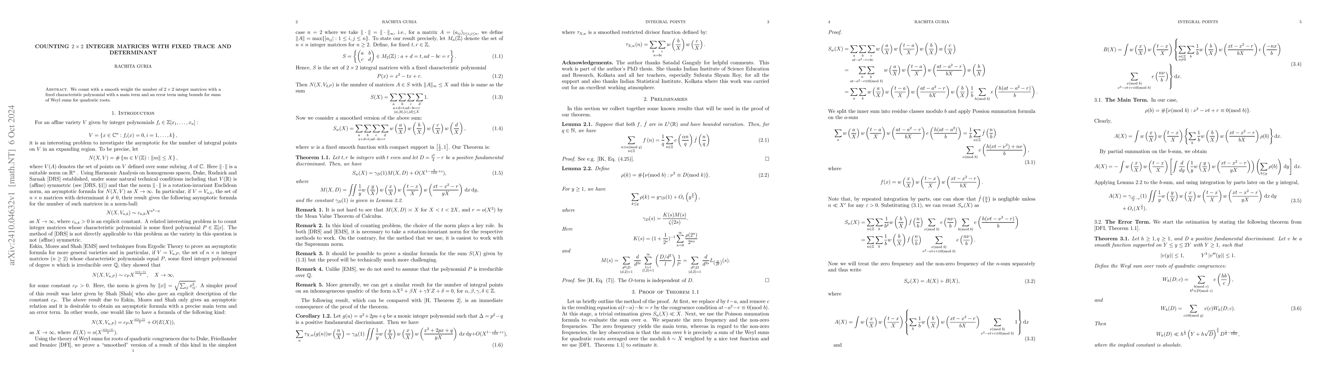 Thumbnail for Counting $2\times2$ integer matrices with fixed trace and determinant