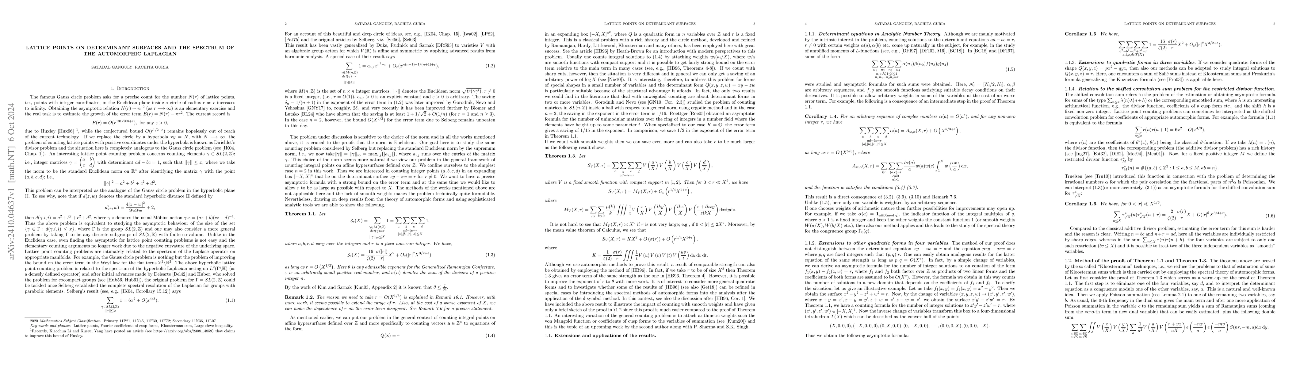 Thumbnail for Lattice points on determinant surfaces and the spectrum of the
  automorphic Laplacian