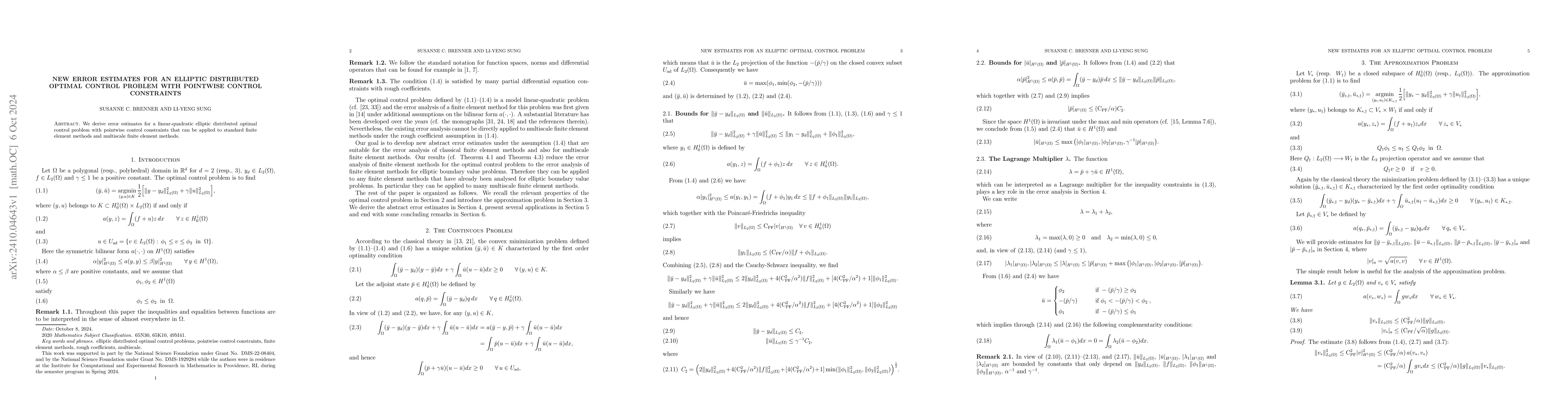 Thumbnail for New Error Estimates for An Elliptic Distributed Optimal Control Problem
  with Pointwise Control Constraints