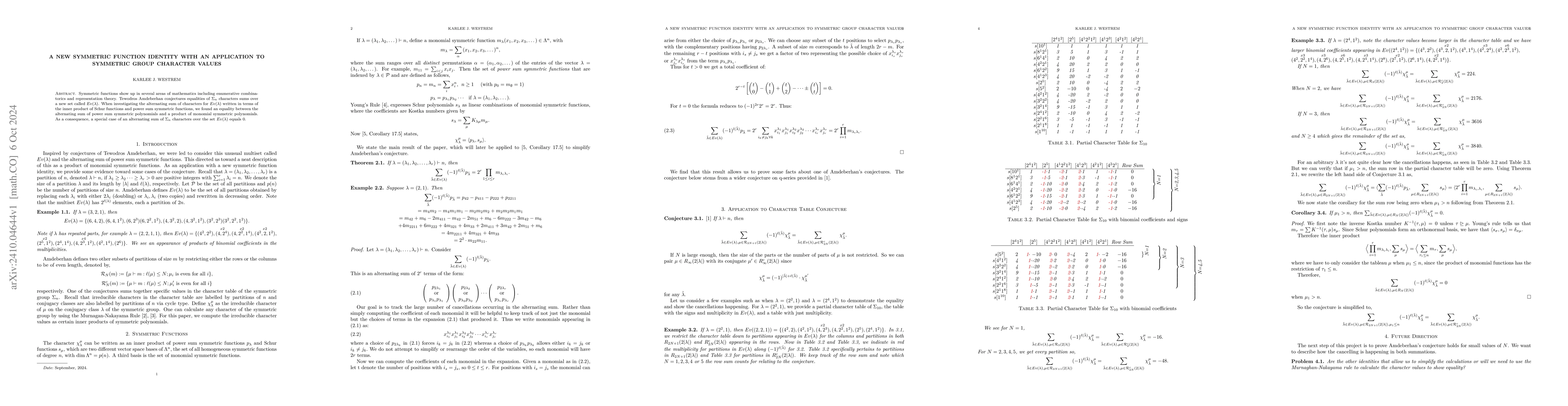 Thumbnail for A New Symmetric Function Identity With an Application to symmetric group
  character values