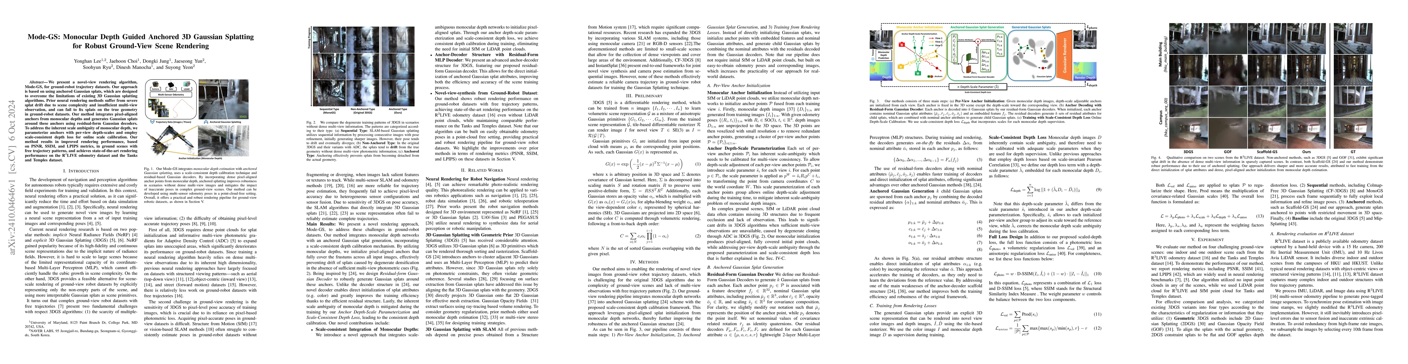 Thumbnail for Mode-GS: Monocular Depth Guided Anchored 3D Gaussian Splatting for
  Robust Ground-View Scene Rendering