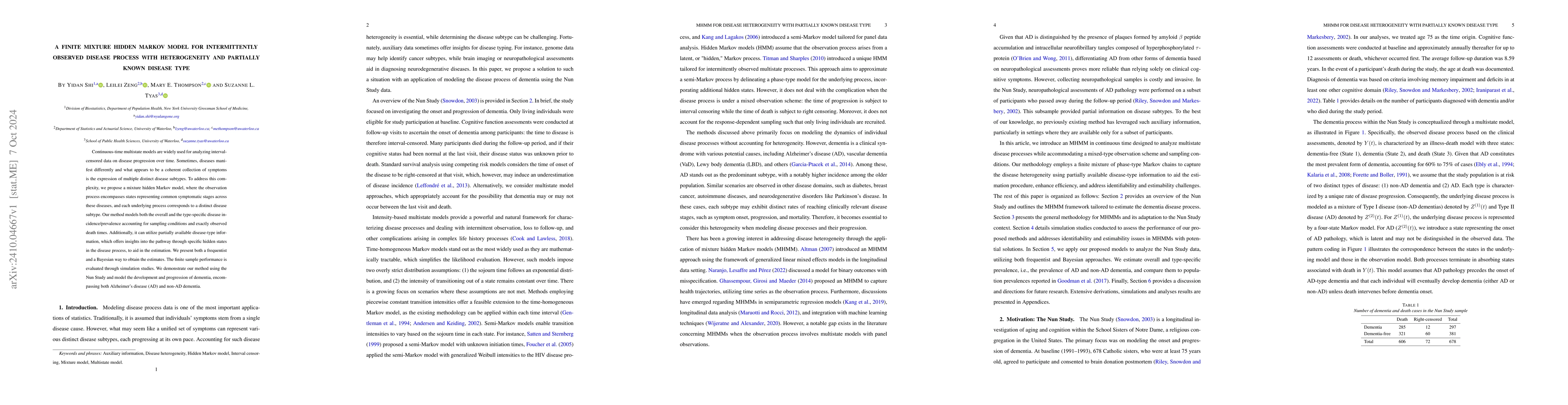 Thumbnail for A Finite Mixture Hidden Markov Model for Intermittently Observed Disease
  Process with Heterogeneity and Partially Known Disease Type