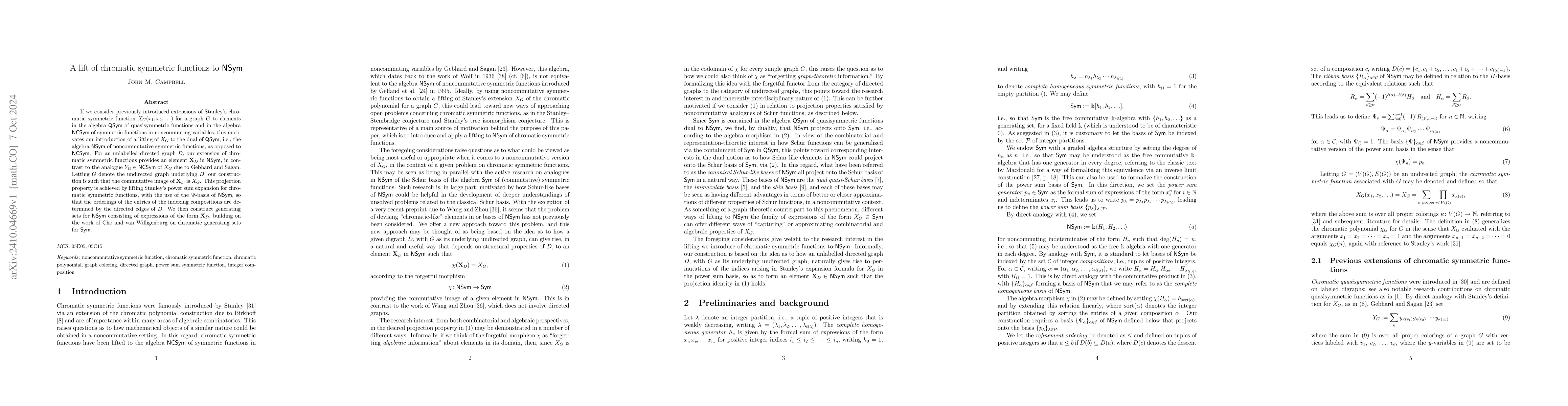 Thumbnail for A lift of chromatic symmetric functions to $\textsf{NSym}$