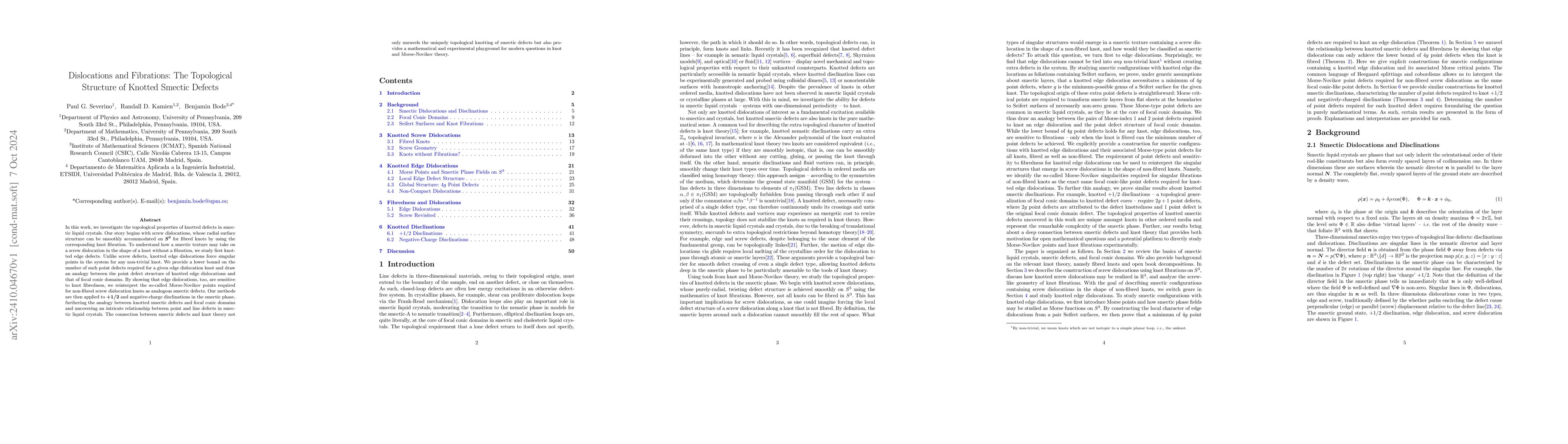 Thumbnail for Dislocations and Fibrations: The Topological Structure of Knotted
  Smectic Defects