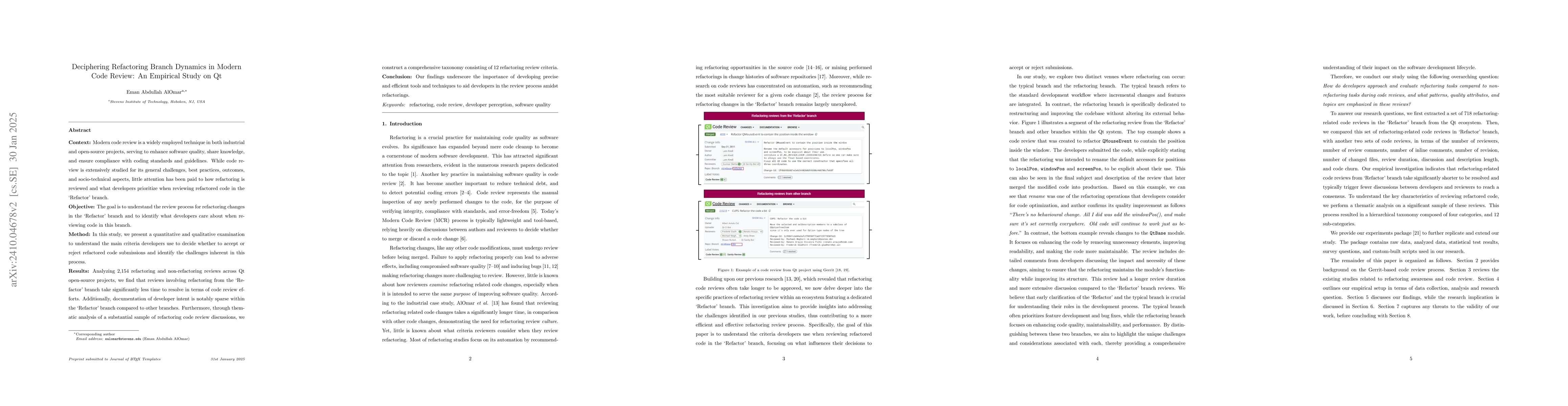 Thumbnail for Deciphering Refactoring Branch Dynamics in Modern Code Review: An
  Empirical Study on Qt