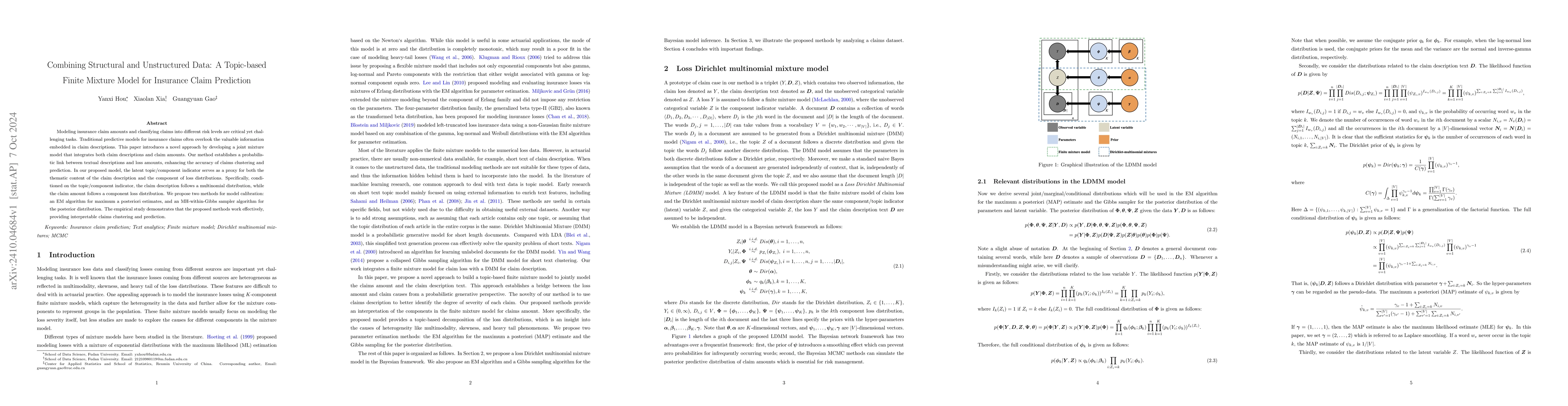 Thumbnail for Combining Structural and Unstructured Data: A Topic-based Finite Mixture
  Model for Insurance Claim Prediction