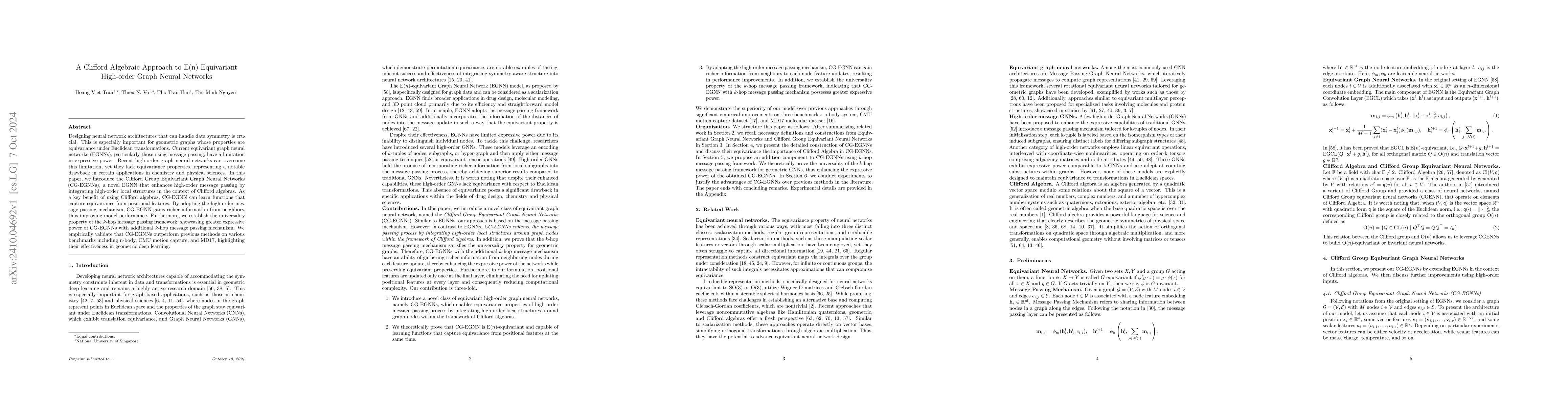 Thumbnail for A Clifford Algebraic Approach to E(n)-Equivariant High-order Graph
  Neural Networks