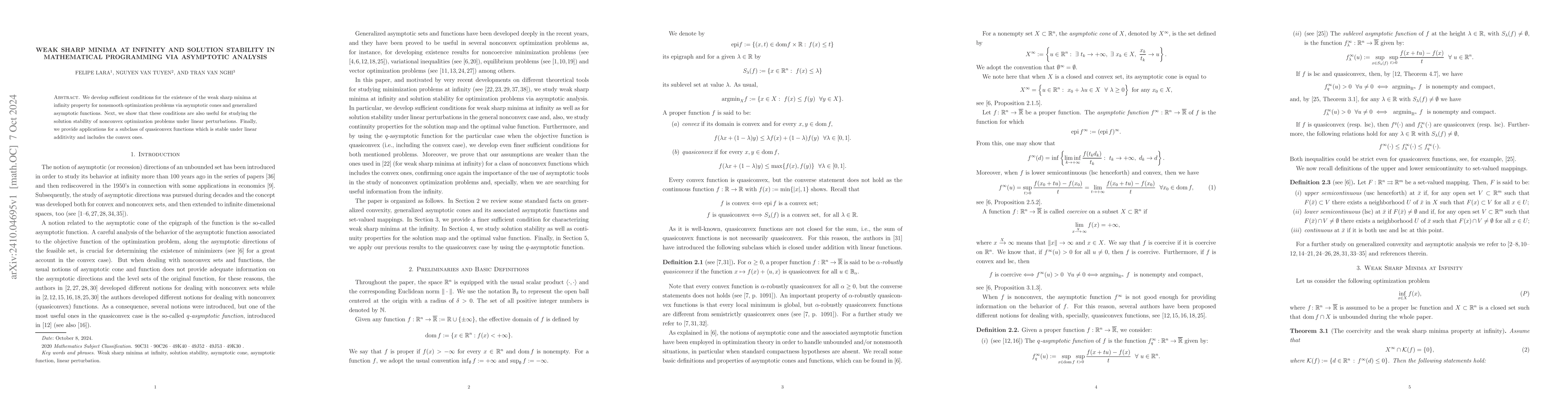 Thumbnail for Weak sharp minima at infinity and solution stability in mathematical
  programming via asymptotic analysis