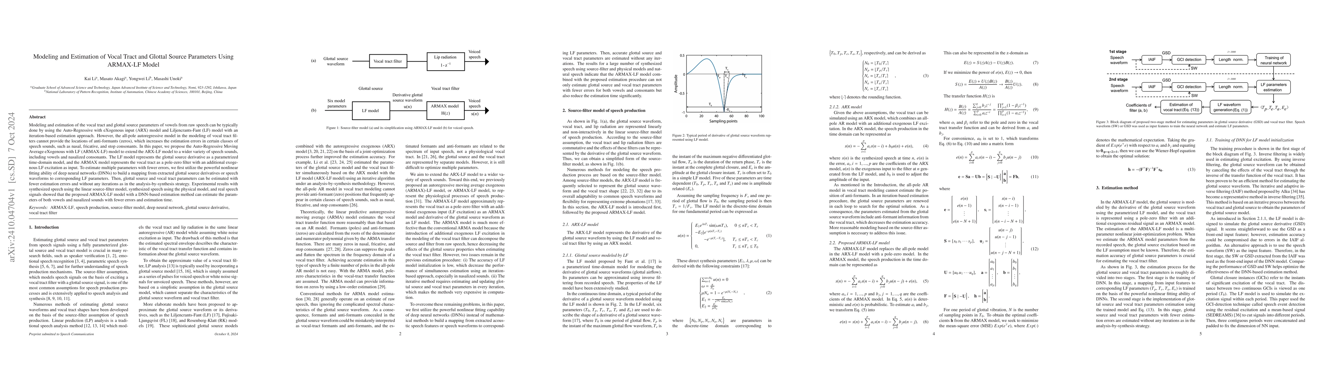 Thumbnail for Modeling and Estimation of Vocal Tract and Glottal Source Parameters
  Using ARMAX-LF Model