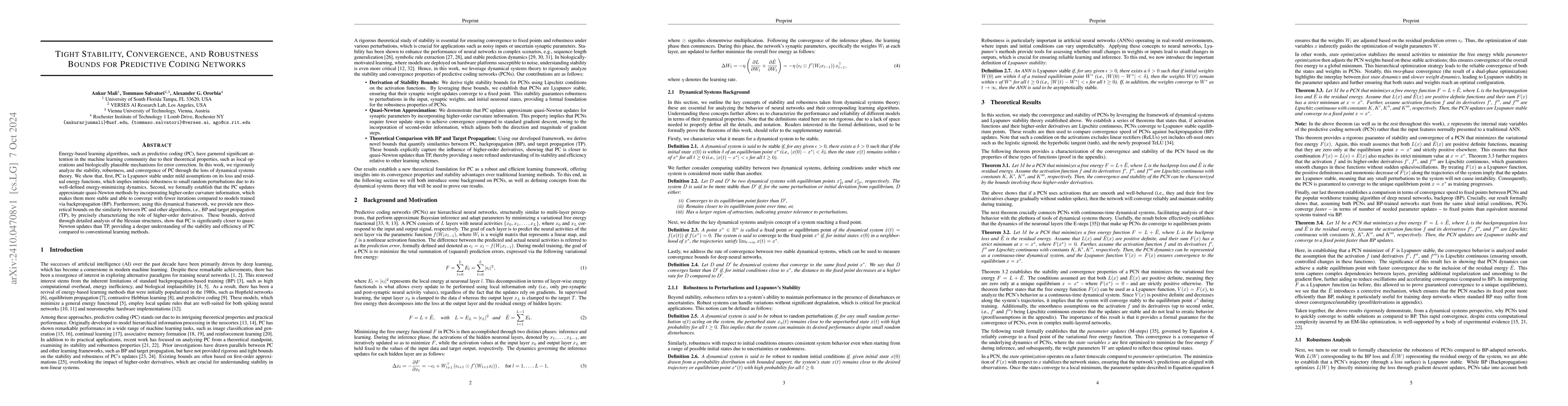 Thumbnail for Tight Stability, Convergence, and Robustness Bounds for Predictive
  Coding Networks