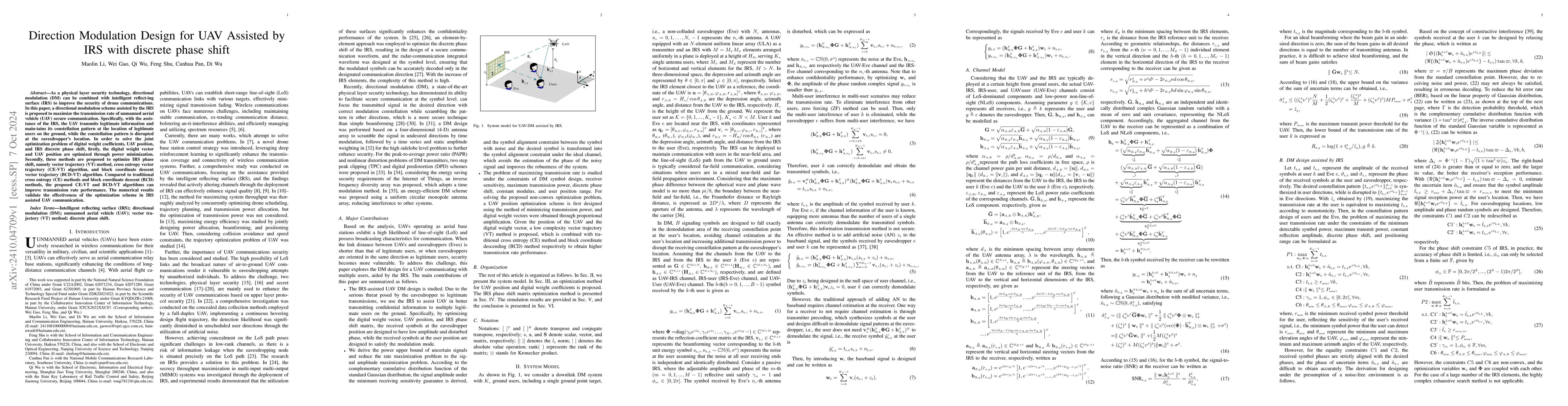 Thumbnail for Direction Modulation Design for UAV Assisted by IRS with discrete phase
  shift