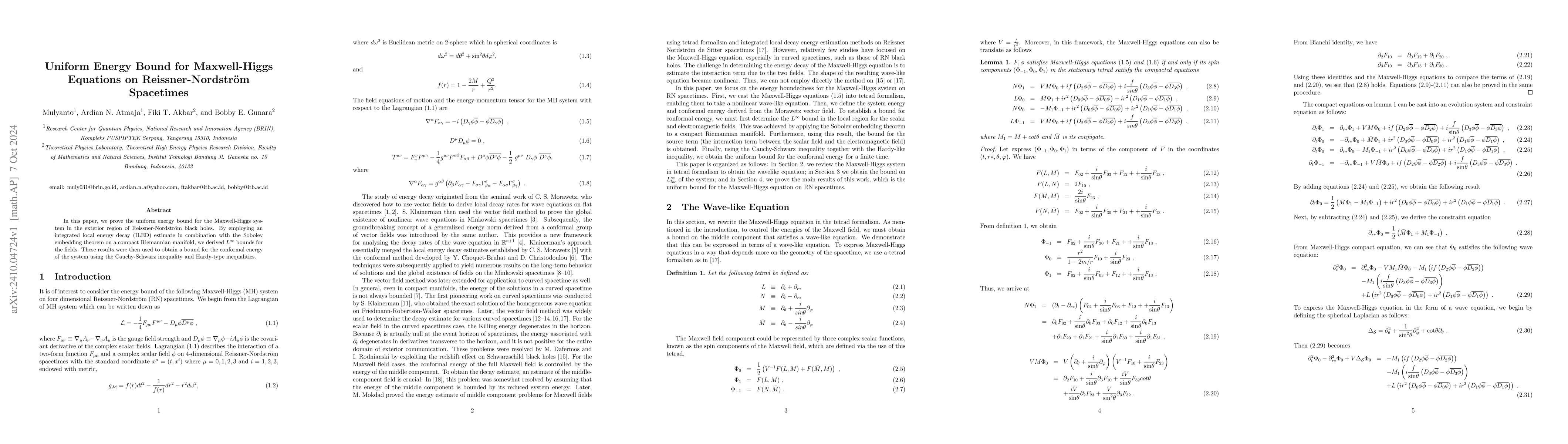 Thumbnail for Uniform Energy Bound for Maxwell-Higgs Equations on Reissner-Nordström
  Spacetimes