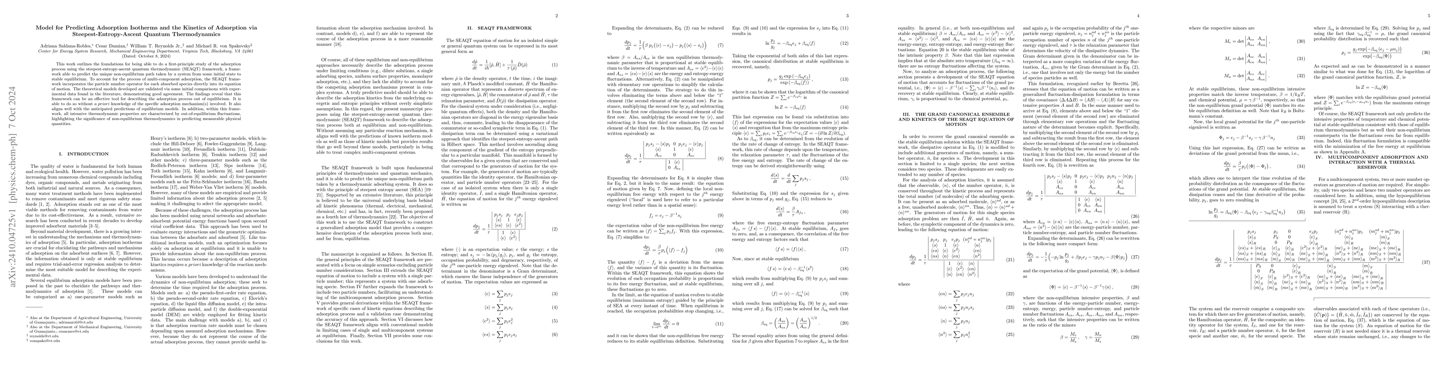 Thumbnail for Model for Predicting Adsorption Isotherms and the Kinetics of Adsorption
  via Steepest-Entropy-Ascent Quantum Thermodynamics