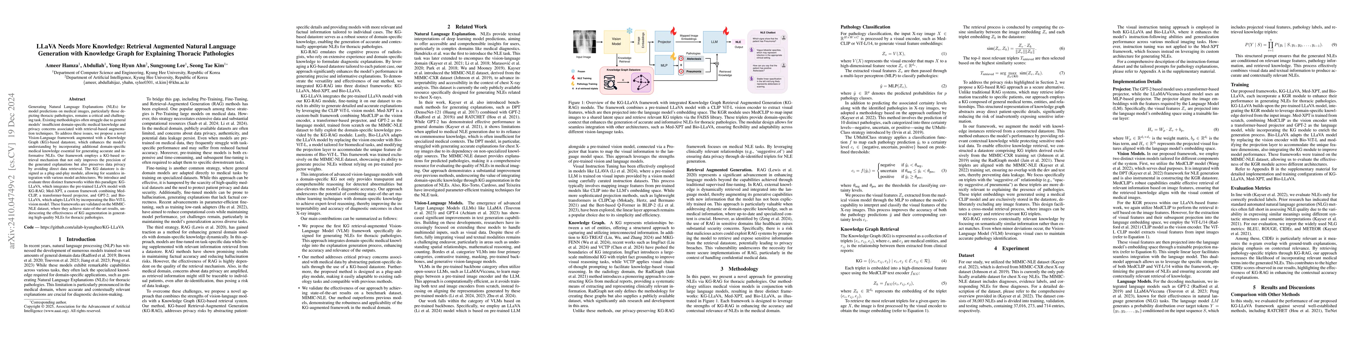 Thumbnail for LLaVA Needs More Knowledge: Retrieval Augmented Natural Language
  Generation with Knowledge Graph for Explaining Thoracic Pathologies