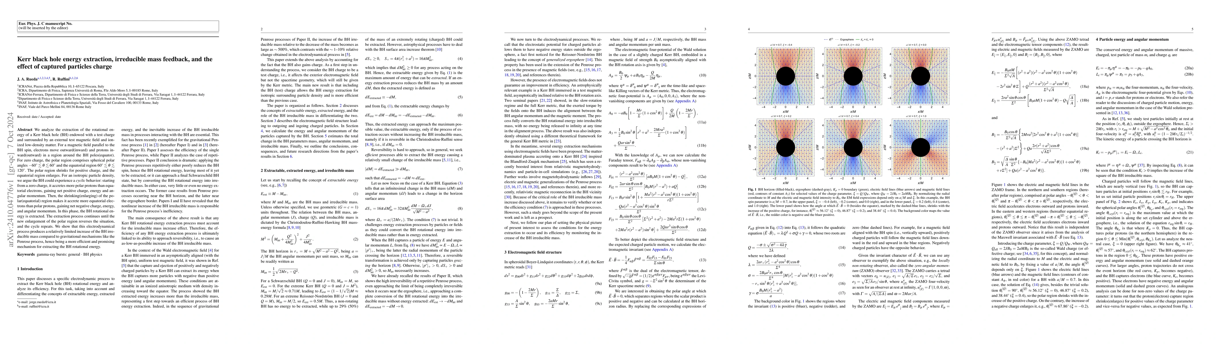 Thumbnail for Kerr black hole energy extraction, irreducible mass feedback, and the
  effect of captured particles charge