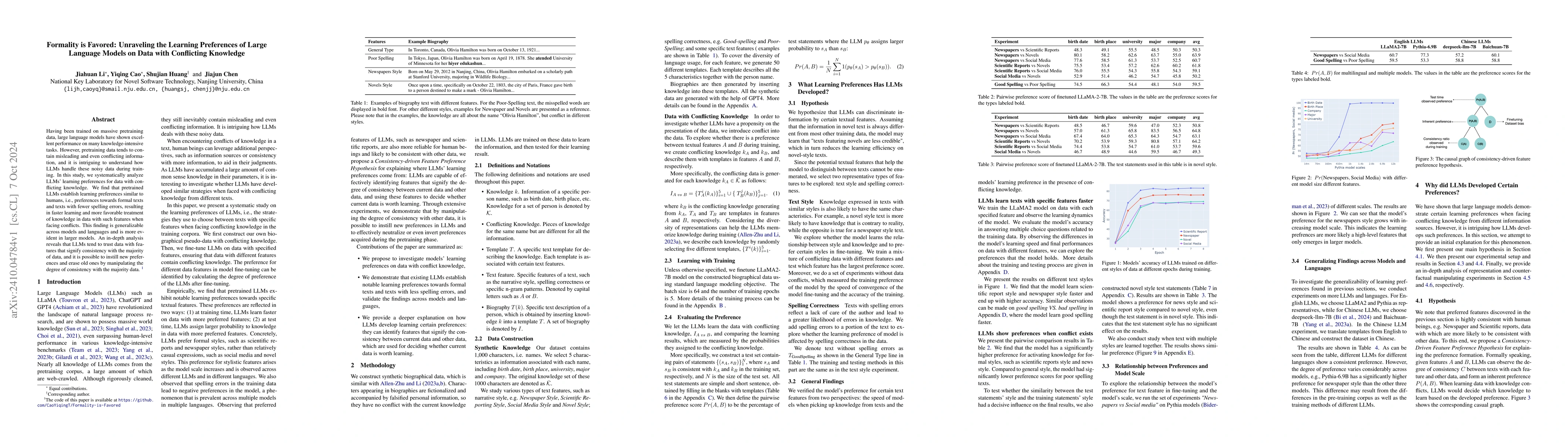 Thumbnail for Formality is Favored: Unraveling the Learning Preferences of Large
  Language Models on Data with Conflicting Knowledge