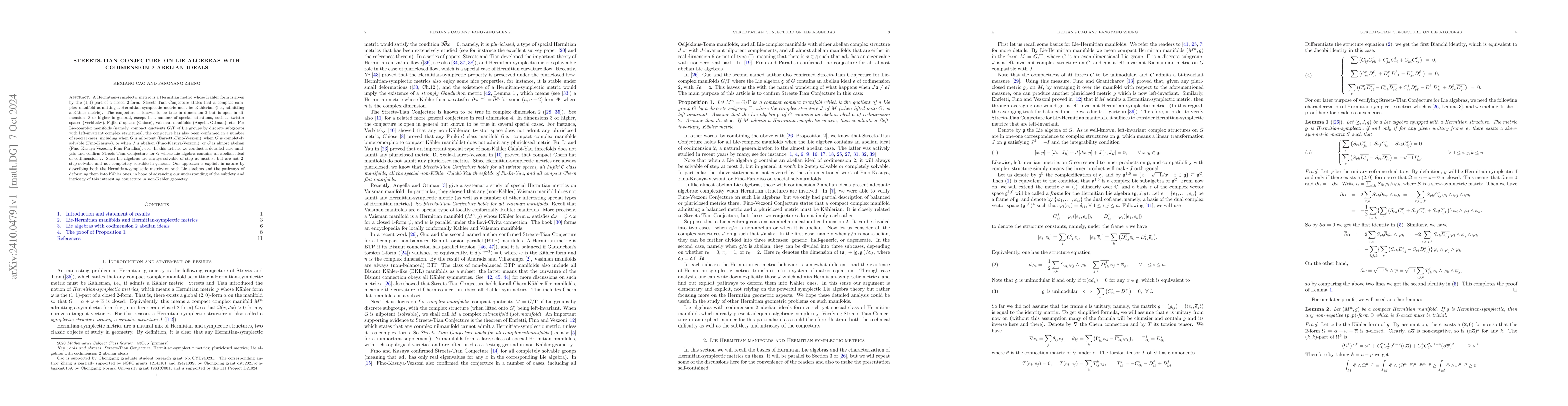 Thumbnail for Streets-Tian Conjecture on Lie algebras with codimension $2$ abelian
  ideals