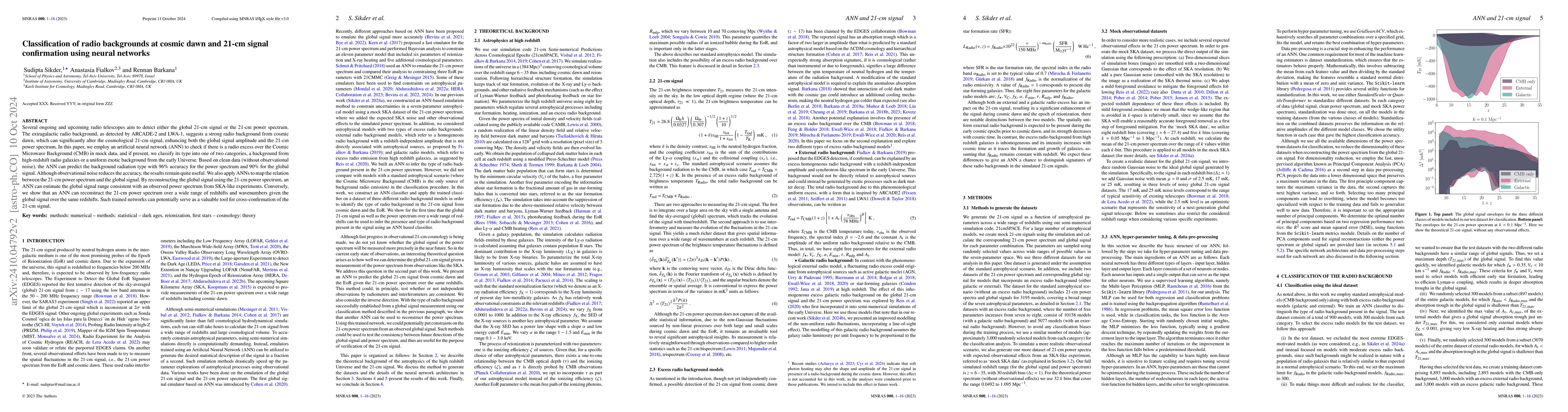 Thumbnail for Classification of radio backgrounds at cosmic dawn and 21-cm signal
  confirmation using neural networks