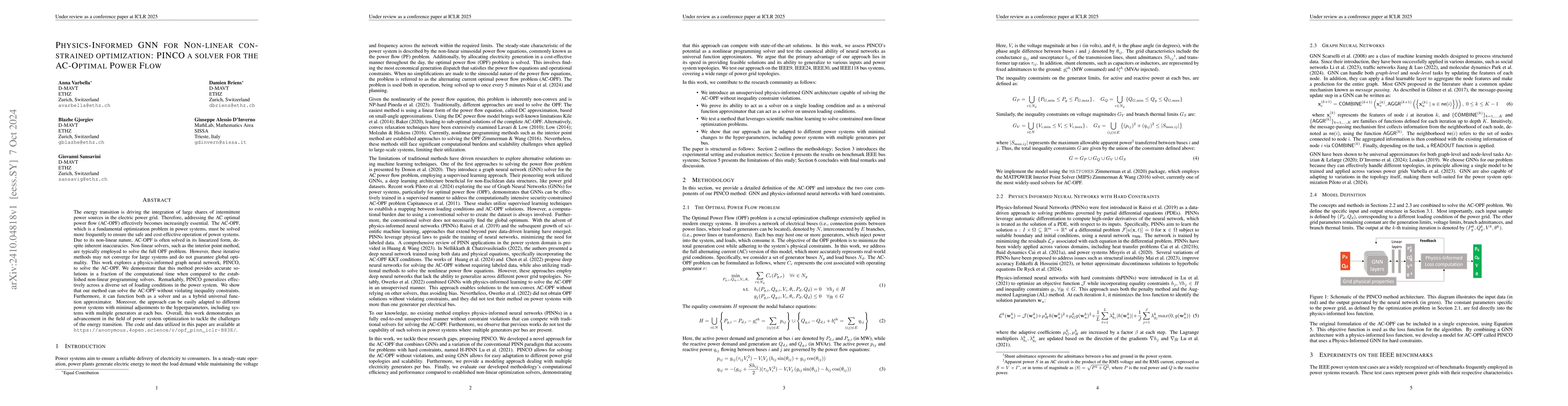 Thumbnail for Physics-Informed GNN for non-linear constrained optimization: PINCO a
  solver for the AC-optimal power flow