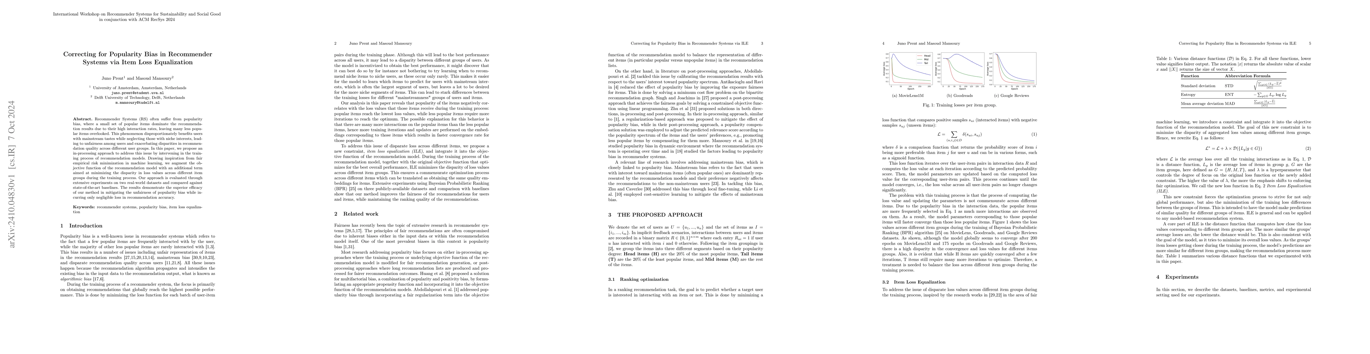 Thumbnail for Correcting for Popularity Bias in Recommender Systems via Item Loss
  Equalization