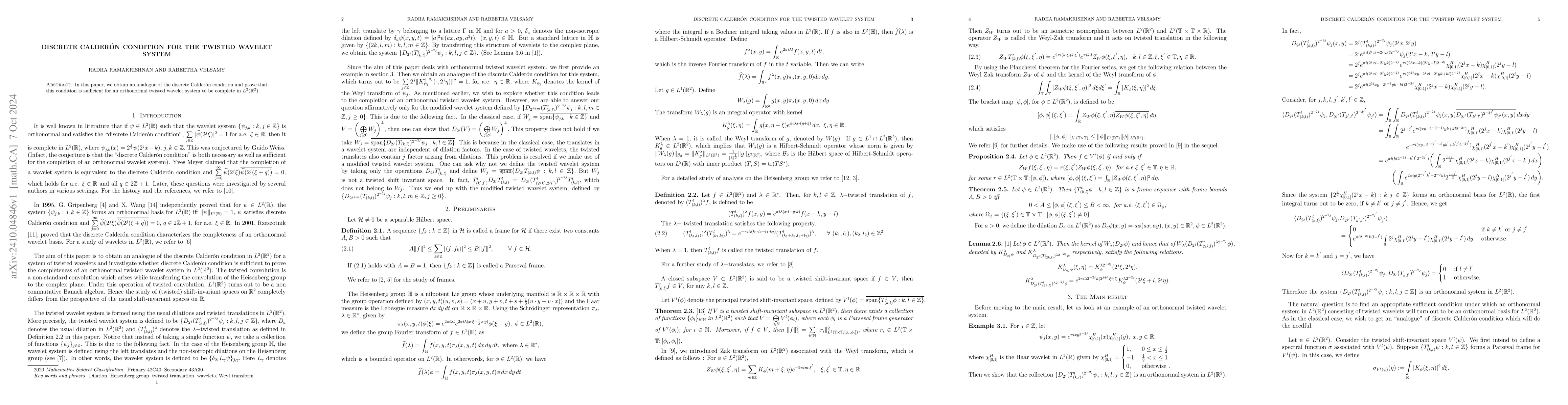 Thumbnail for Discrete Calderon condition for the twisted wavelet system
