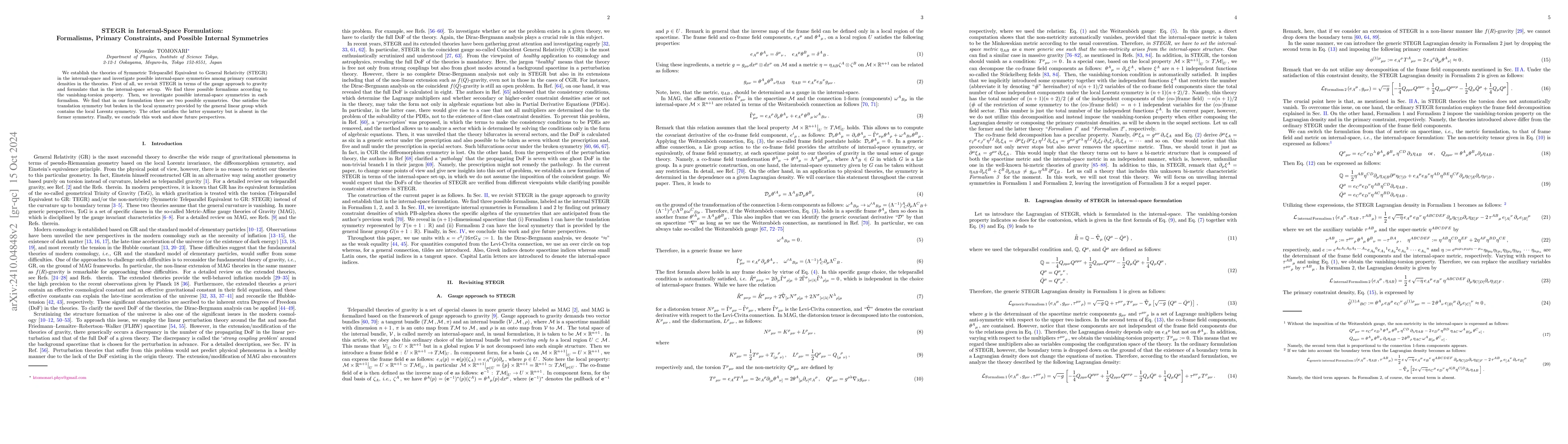 Thumbnail for STEGR in Internal-Space Formulation: Formalisms, Primary Constraints,
  and Possible Internal Symmetries
