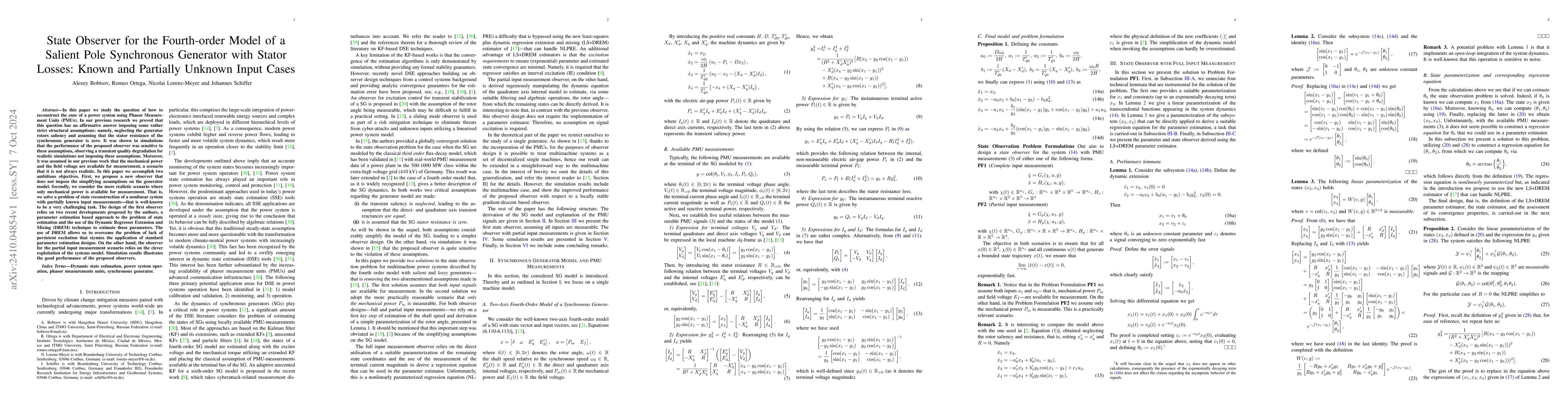 Thumbnail for State Observer for the Fourth-order Model of a Salient Pole Synchronous
  Generator with Stator Losses: Known and Partially Unknown Input Cases