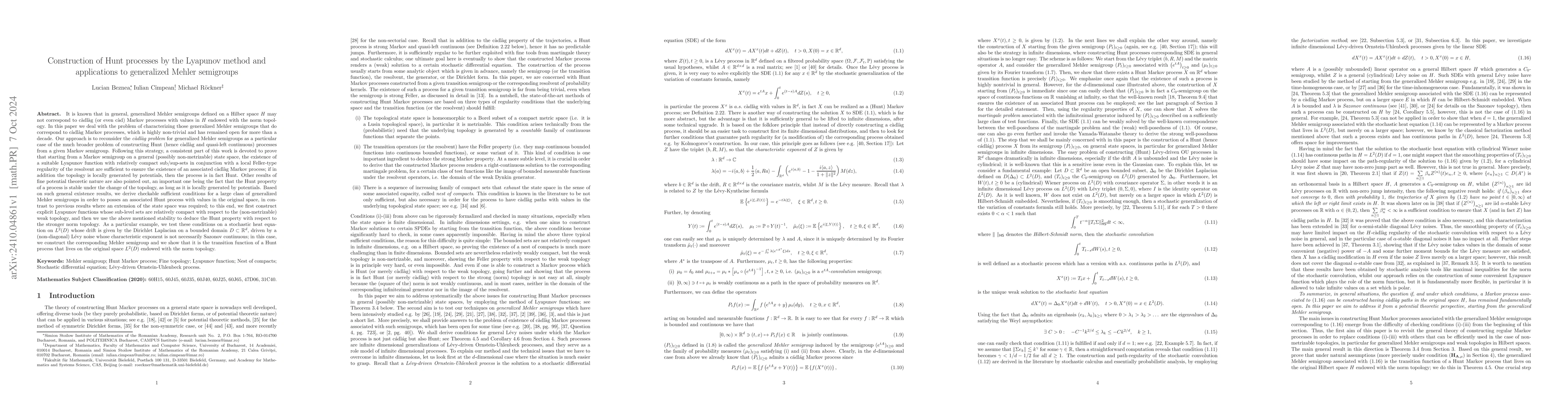 Thumbnail for Construction of Hunt processes by the Lyapunov method and applications
  to generalized Mehler semigroups