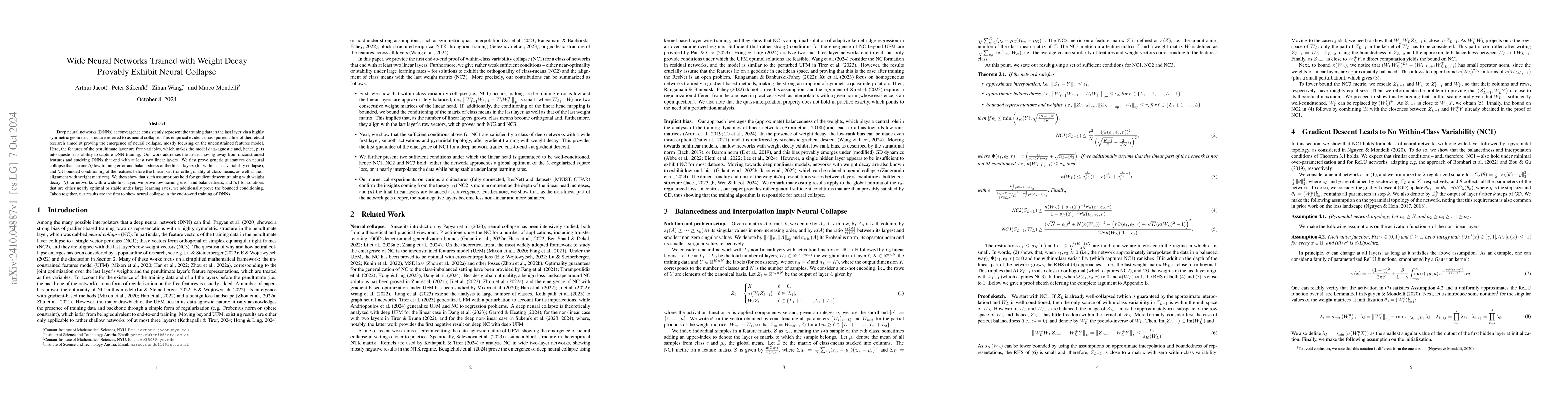 Thumbnail for Wide Neural Networks Trained with Weight Decay Provably Exhibit Neural
  Collapse