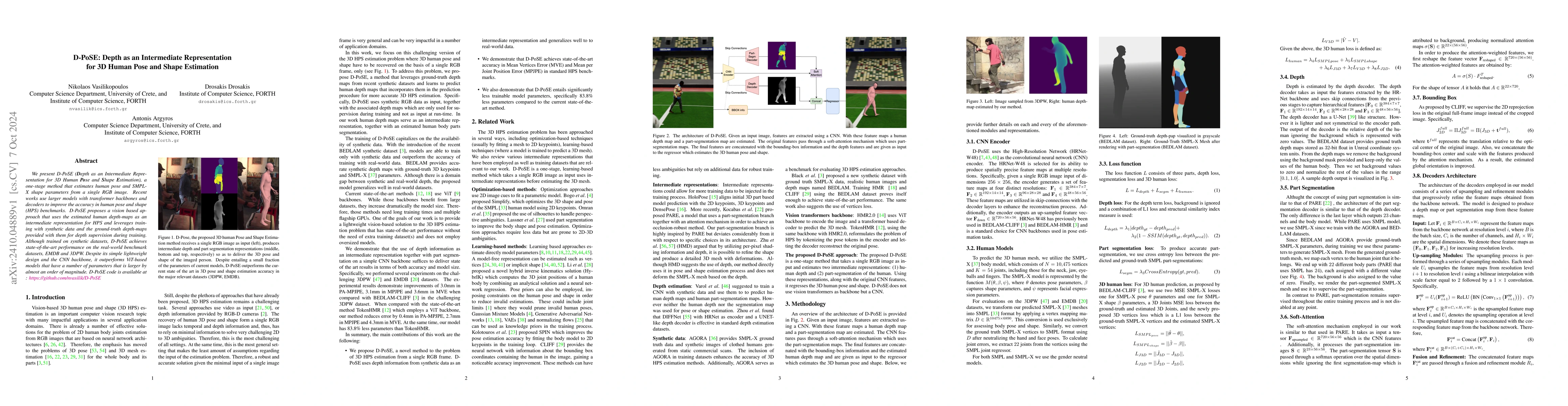 Thumbnail for D-PoSE: Depth as an Intermediate Representation for 3D Human Pose and
  Shape Estimation