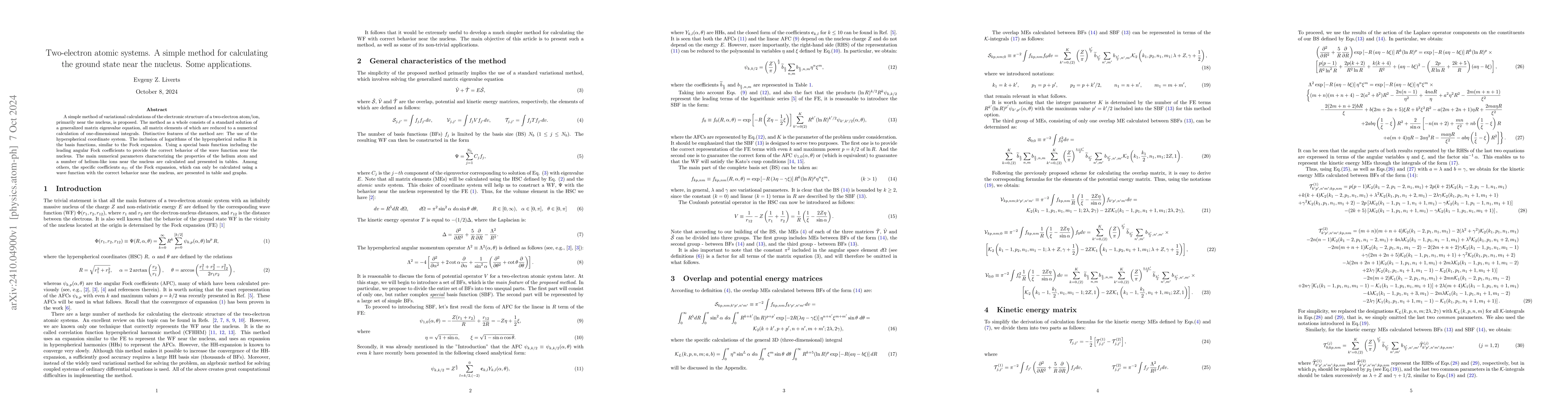 Thumbnail for Two-electron atomic systems. A simple method for calculating the ground
  state near the nucleus. Some applications