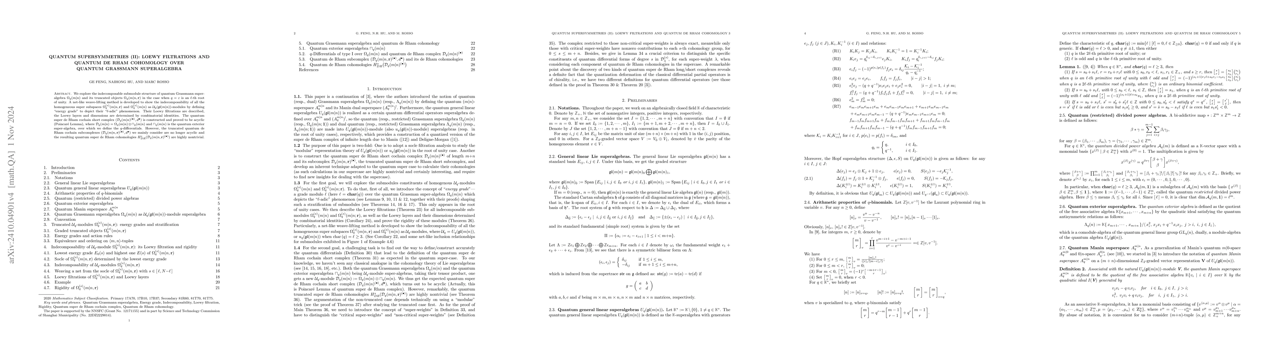 Thumbnail for Quantum Supersymmetries (II): Loewy Filtrations and Quantum de Rham
  Cohomology over Quantum Grassmann Superalgebra