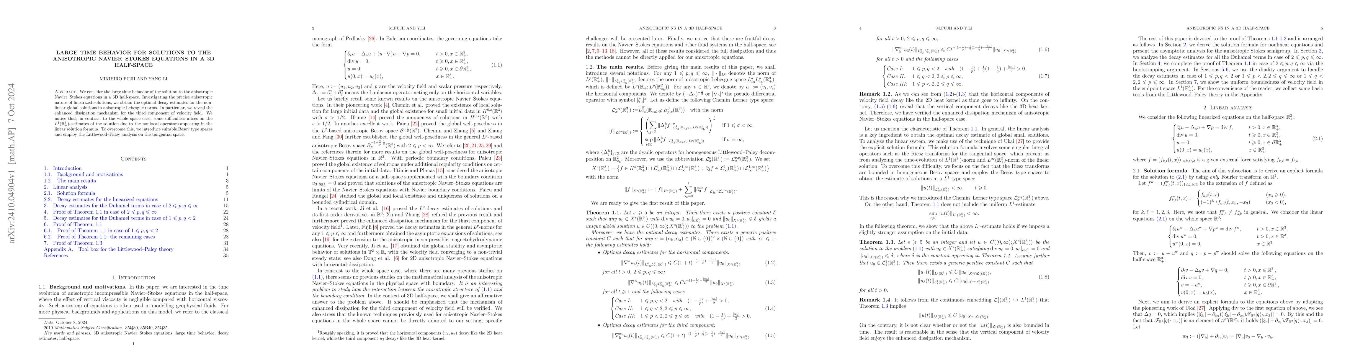 Thumbnail for Large time behavior for solutions to the anisotropic Navier-Stokes
  equations in a 3D half-space