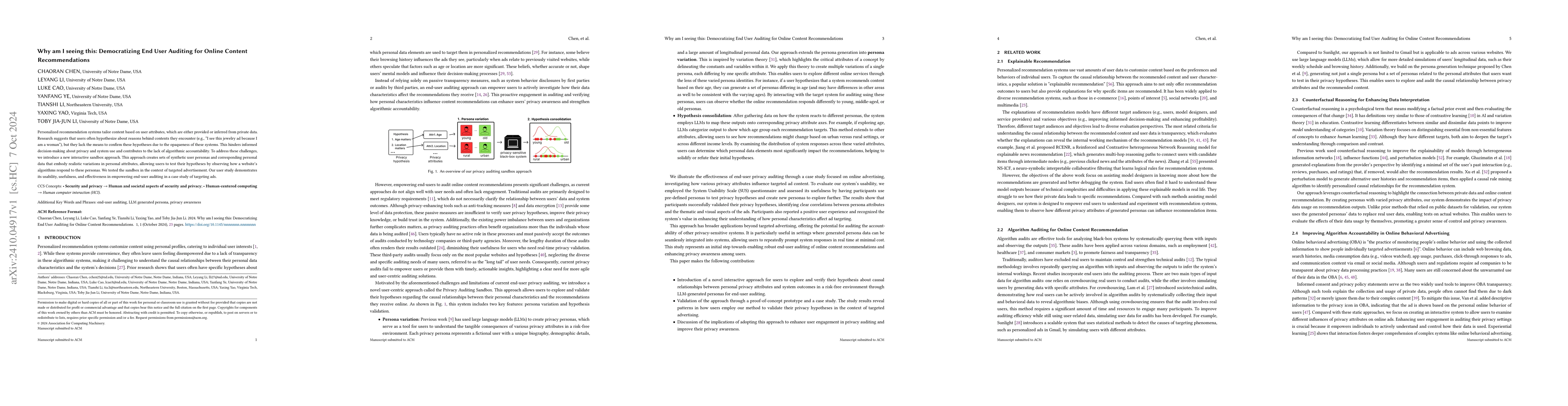 Thumbnail for Why am I seeing this: Democratizing End User Auditing for Online Content
  Recommendations