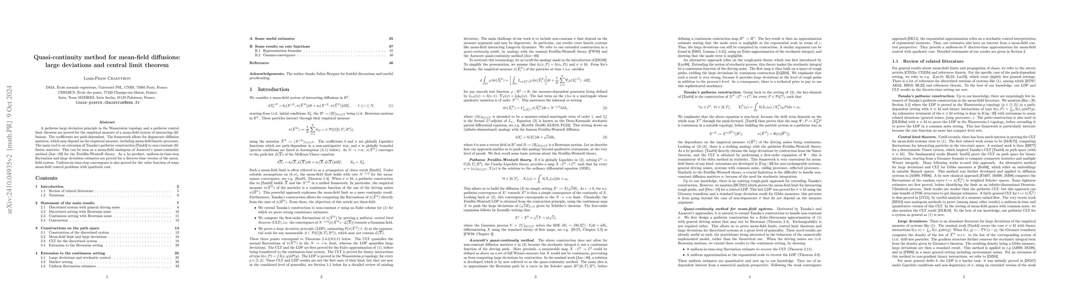Thumbnail for Quasi-continuity method for mean-field diffusions: large deviations and
  central limit theorem