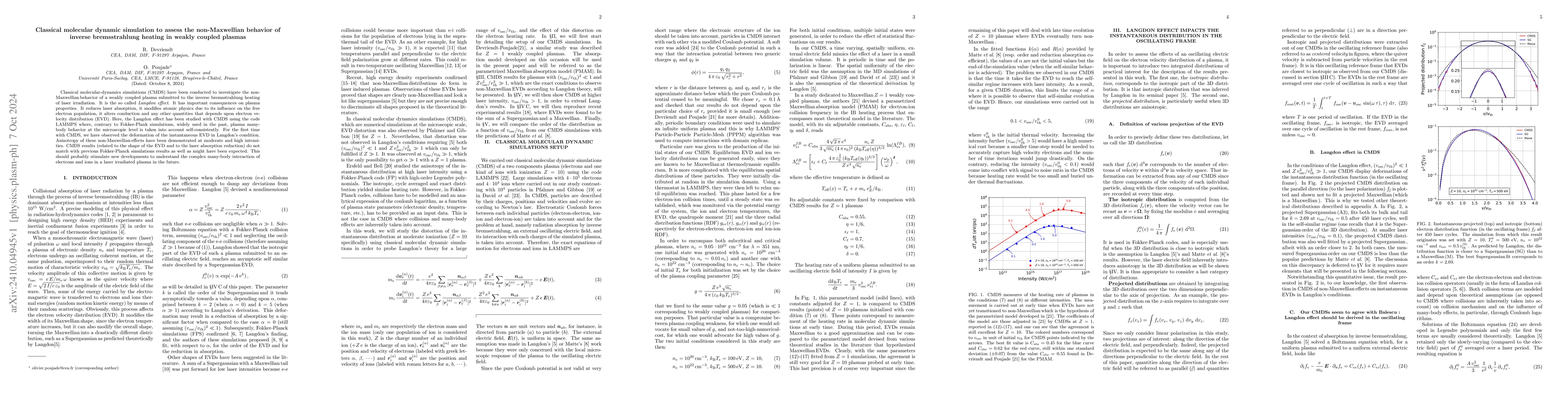 Thumbnail for Classical molecular dynamic simulation to assess the non-Maxwellian
  behavior of inverse bremsstrahlung heating in weakly coupled plasmas