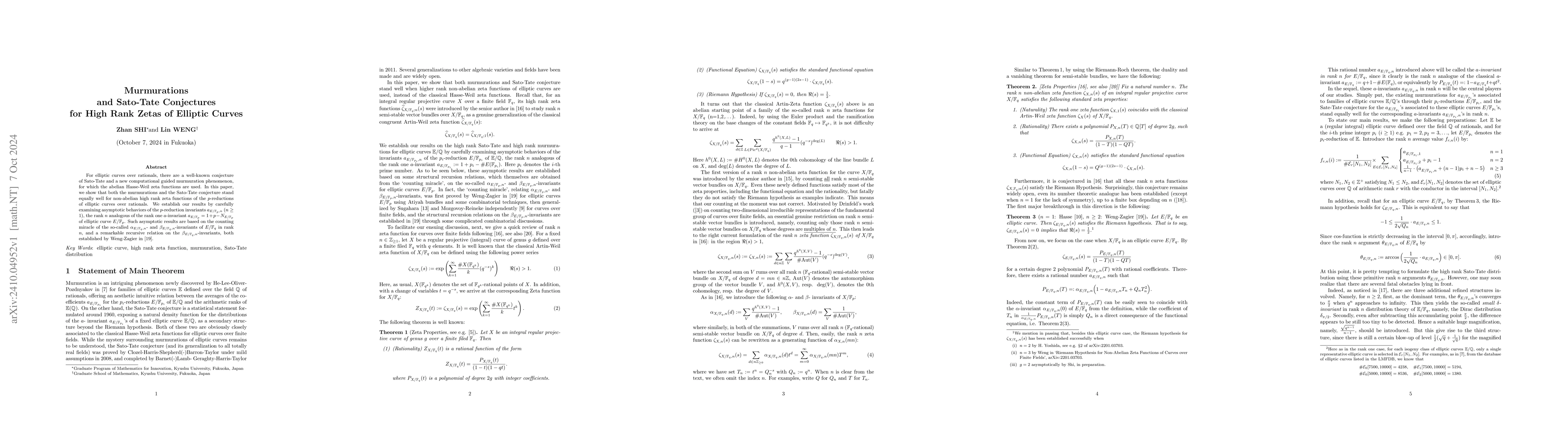 Thumbnail for Murmurations and Sato-Tate Conjectures for High Rank Zetas of Elliptic
  Curves