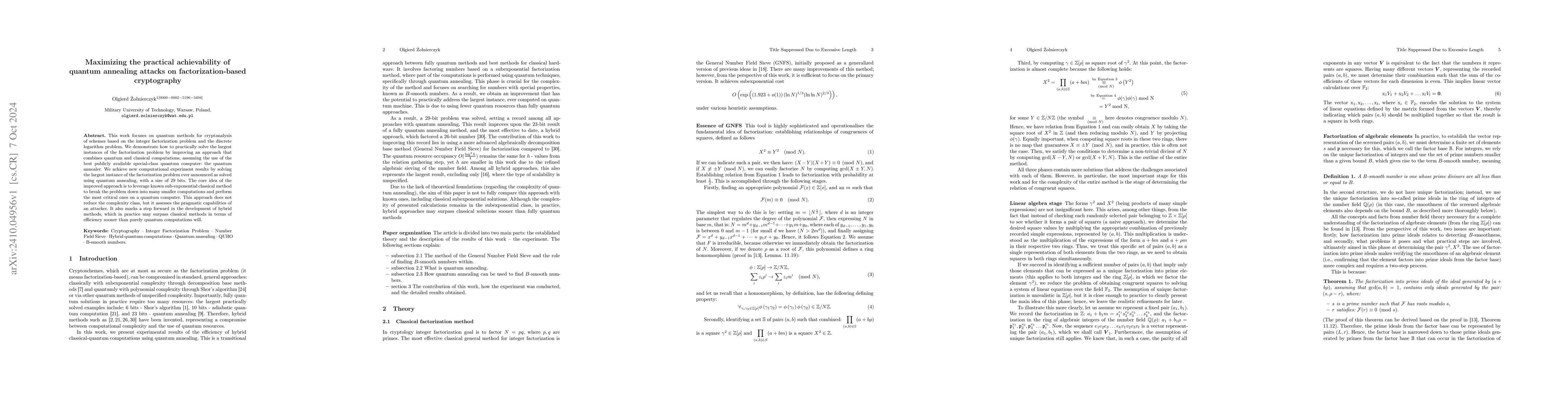 Thumbnail for Maximizing the practical achievability of quantum annealing attacks on
  factorization-based cryptography