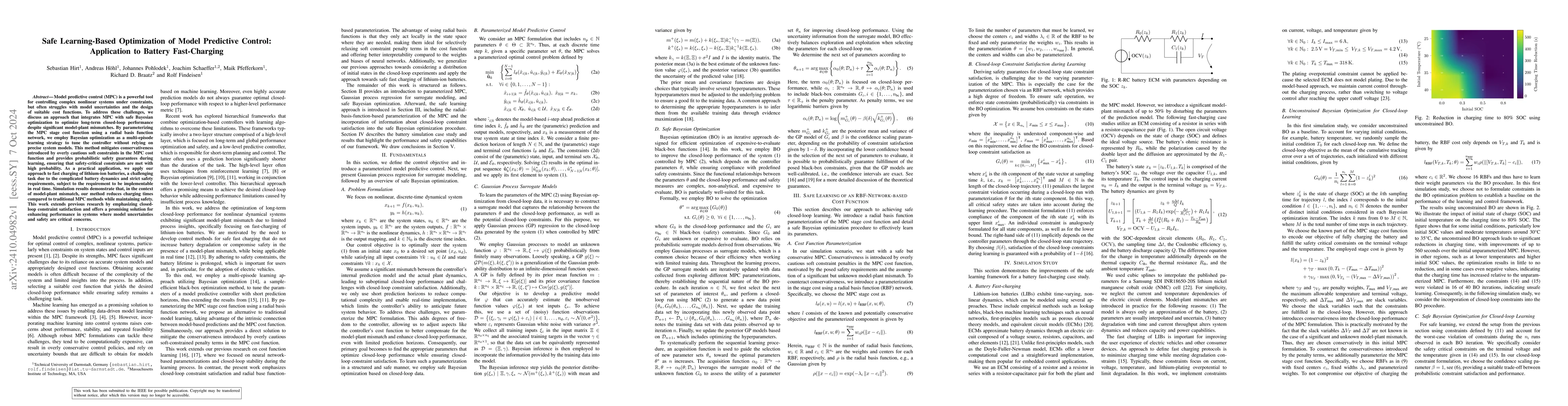 Thumbnail for Safe Learning-Based Optimization of Model Predictive Control:
  Application to Battery Fast-Charging