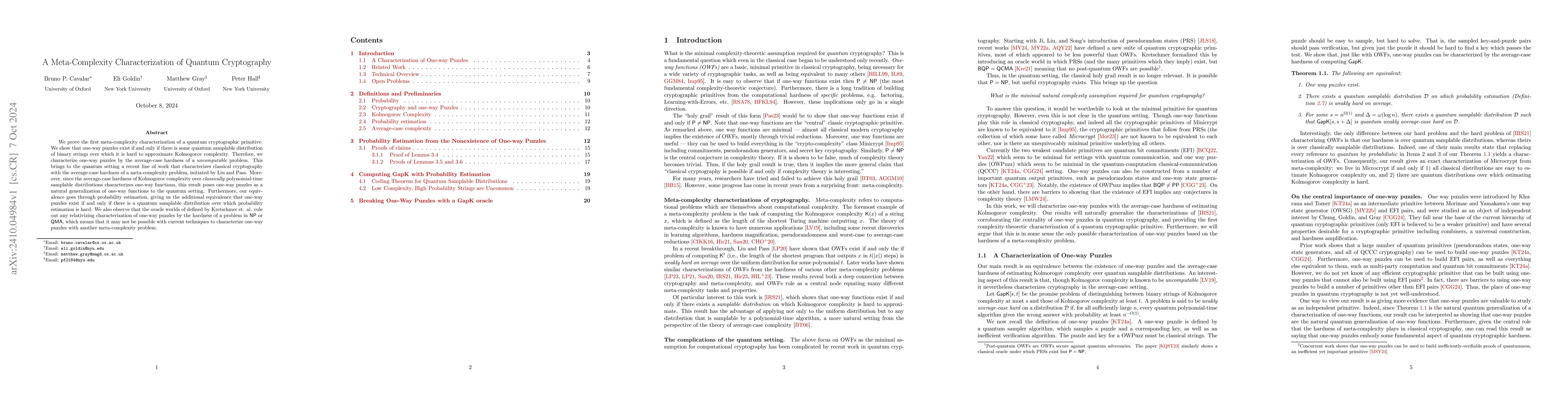 Thumbnail for A Meta-Complexity Characterization of Quantum Cryptography
