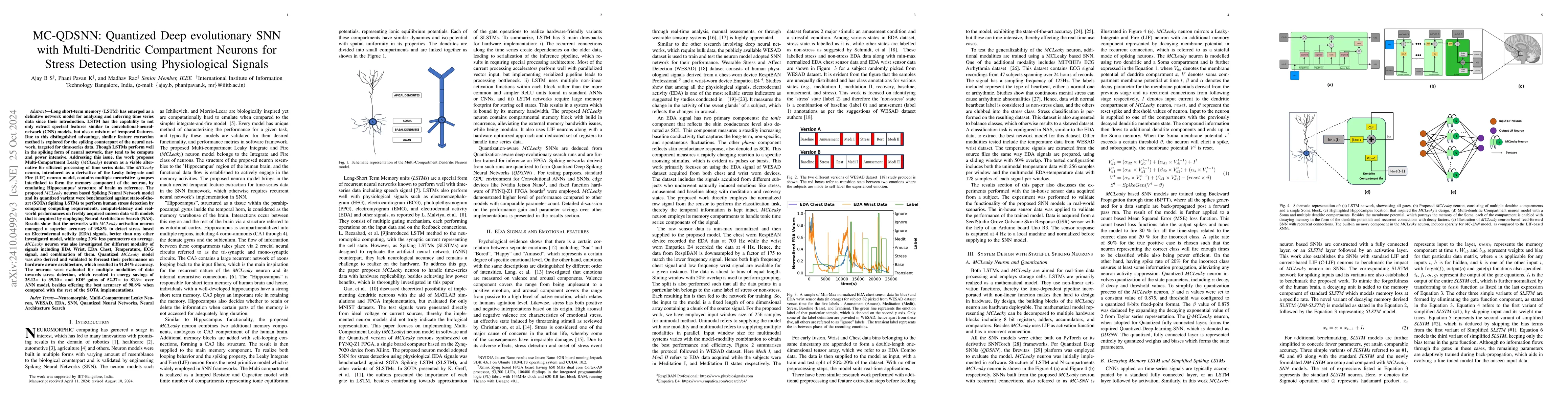 Thumbnail for MC-QDSNN: Quantized Deep evolutionary SNN with Multi-Dendritic
  Compartment Neurons for Stress Detection using Physiological Signals