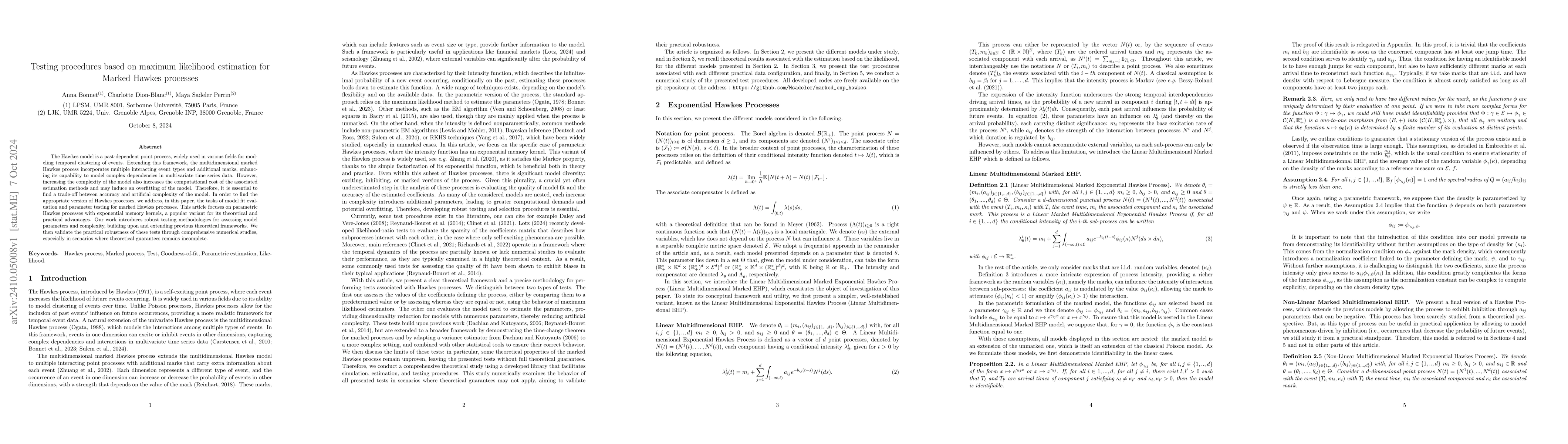 Thumbnail for Testing procedures based on maximum likelihood estimation for Marked
  Hawkes processes